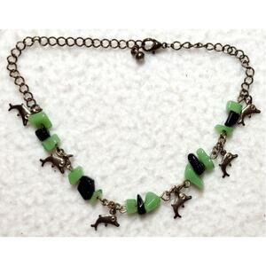 Vtg Dolphin Charms Ankle Bracelet 10.5" Blue Green Glass Chips Silvertone Chain